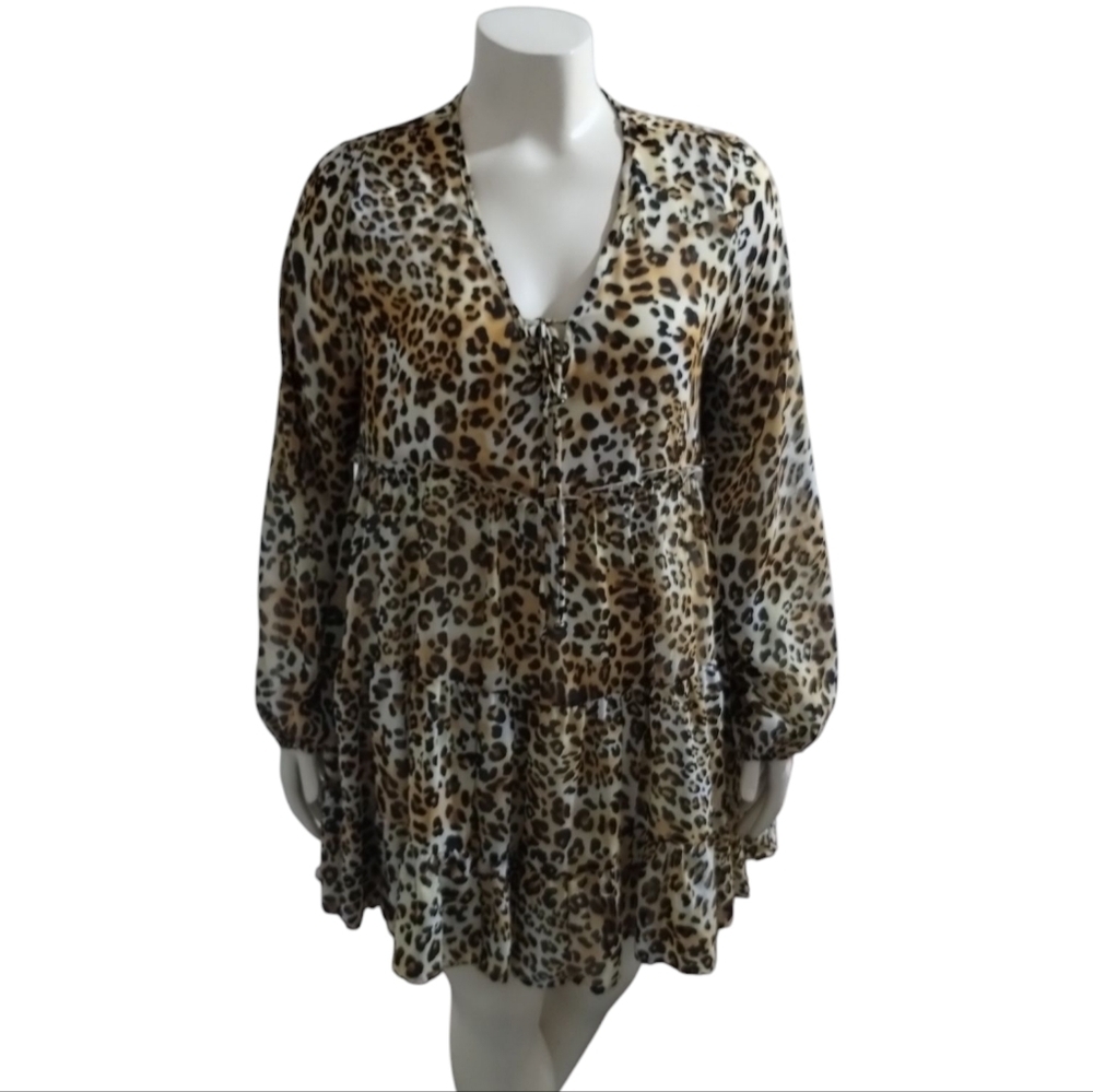 Altar'd State Women's Large Leopard Tiered Ruffle Chiffon Dress Whimsical New